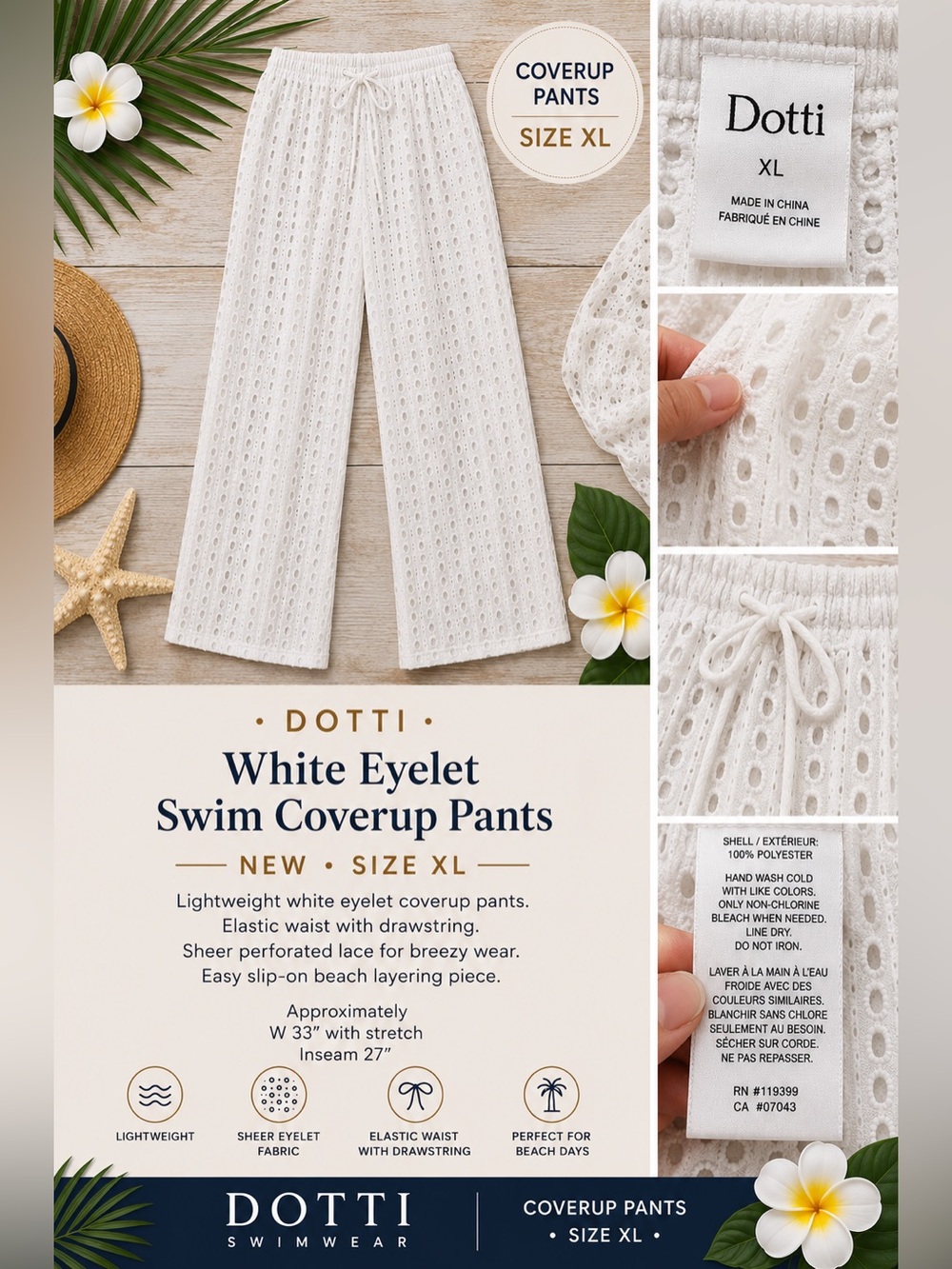 Dotti White Eyelet Swim Coverup Pants NEW XL